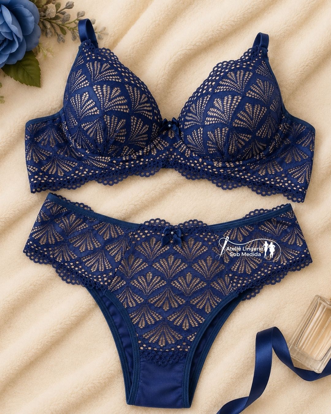 conjunto lingerie renda azul marinho conjunto lingerie plus size lingerie feminina confort&aacute;vel